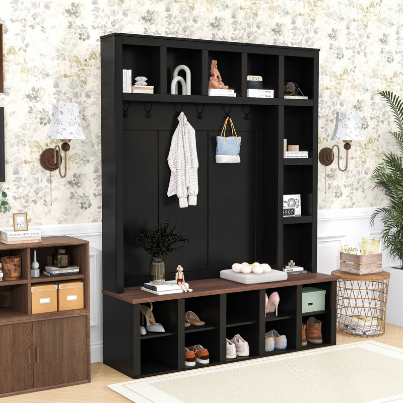 Minimalist Wood Hall Tree with Adjustable Shelves, Hooks, Shoe Storage and Bench for Entryway, Black