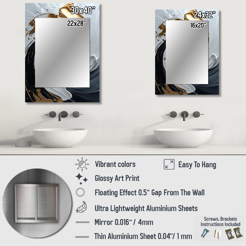 White Black Gold Cosmic Whirlpool II - Abstract Spirals Wall Mirror, Gold Decorative Mirror, Printed Metal Art, 32" x 24"
