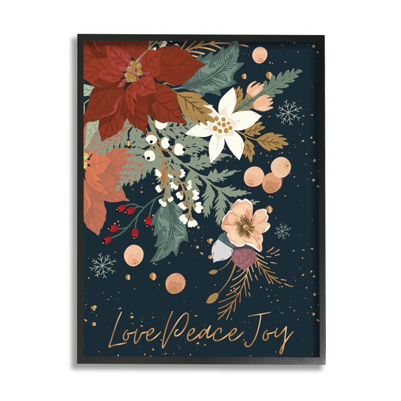 Love Peace Joy Winter Florals Seasonal Sentiment - impression, H 20 po x l 16 po x P 1,5 po, Giclée encadrée noir minuit