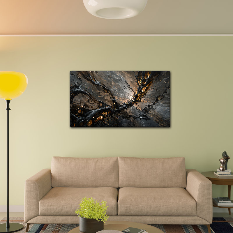 Obsidian Energy: Interwoven Black and Gold Abstract Textures (customizable) by Genie's Poems, 12" H x 18" W