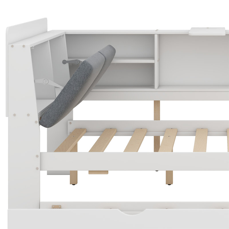 Platform Bed With Trundle, Shelves And Storage Headboard, White, Full