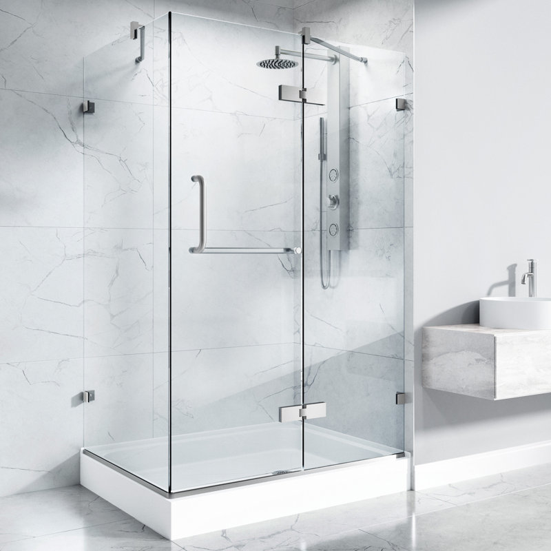 Monteray 48" W x 32" D x 79" H Hinged Frameless Shower Enclosure with 3/8  Clear Glass & Base, Right, Brushed Nickel