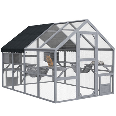 PawHut 9.2' Catio, Outdoor Cat Enclosure House W/ Condos & Canopy, Gray