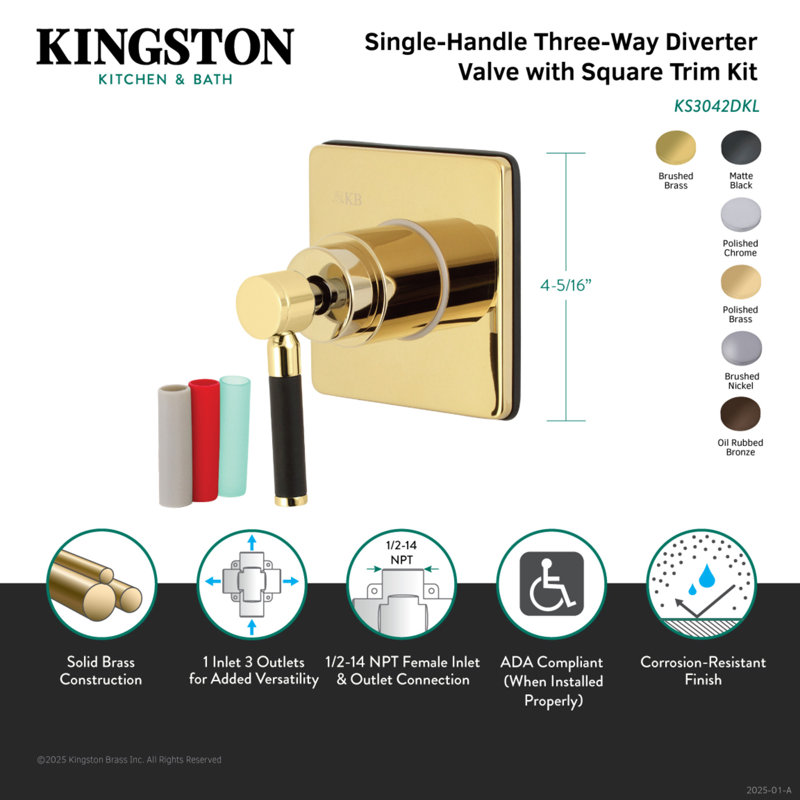 Kingston Brass Kaiser Single-Handle Wall Mount Three-Way Diverter Valve with Trim Kit, Matte Black