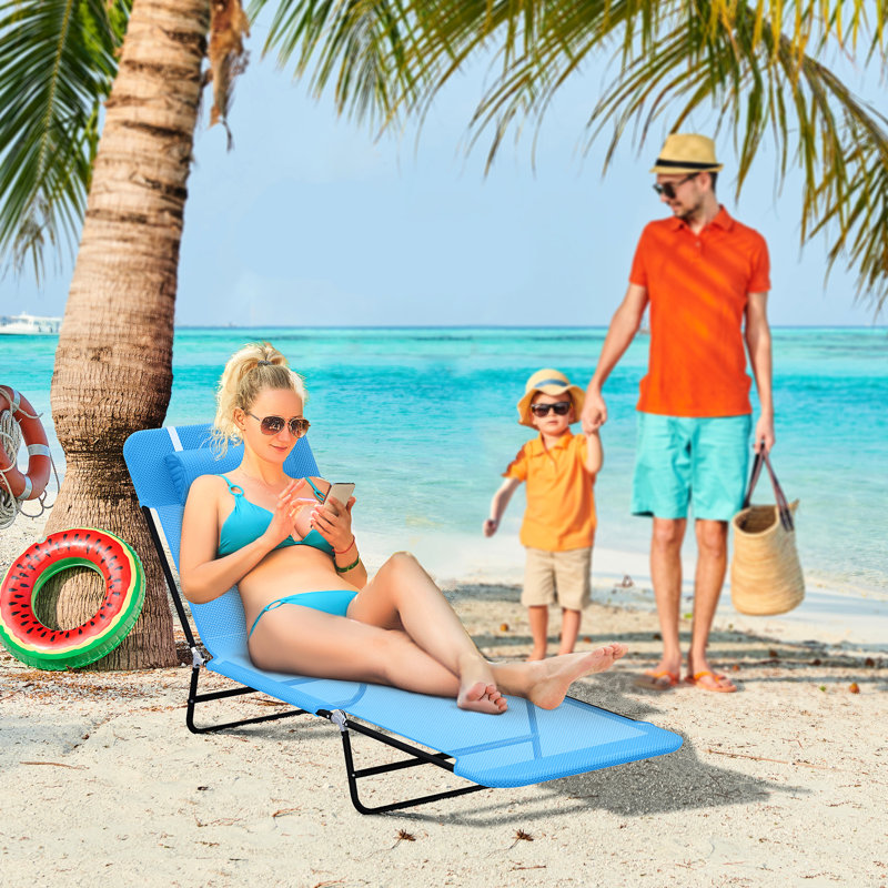 Reclining Yard Chair With & Adjustable Back, Blue Beach Chaise Lounge Chair. Foldable Outdoor Back. Seat And . Portable For Pool, Beach, Yard, Patio. Frame. 264 Lbs Weight