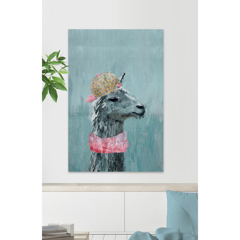 Hip-hop Llama - Wrapped Canvas Painting, Blue/Pink/Yellow, 12cm H x 8cm W x 3.81cm D