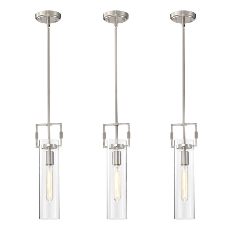 Mini-luminaire suspendu 1 lumière en nickel brossé avec abat-jour cylindrique en verre transparent, Nickel brossé, 3