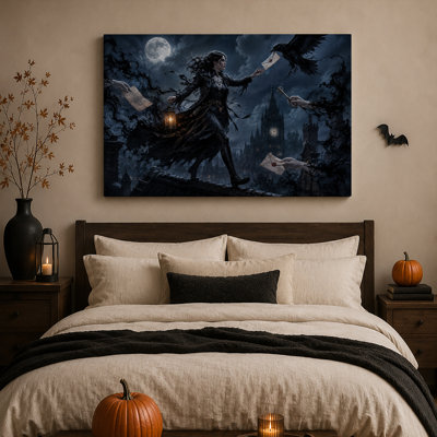 Femme gothique avec lanterne et corbeau au clair de lune, tableau sur toile pour l'Halloween