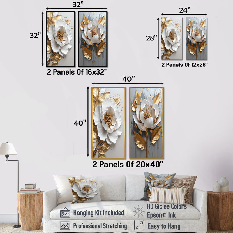 Ensemble de 2 pièces d'art mural pivoines dorées et blanches, H 28 po x l 24 po, Cadre flottant brun