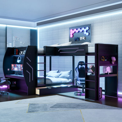 Lit superposé simple et double en L 3 en 1 avec bureaux intégrés, station de charge, échelles et tiroirs de rangement, panneau perforé, lumière DEL, noir