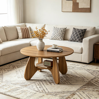 31.5" Circle Coffee Table for Living Room, 2-Tier Wood Accent Centre Table with Open Storage
