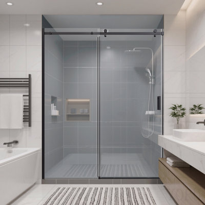 Portes de douche coulissantes simples sans cadre l 56 à 60 po x H 74 po, porte de douche coulissante pour salle de bain, porte en verre trempé Sgcc de 5/16 po (8 mm) d'épaisseur, noir mat