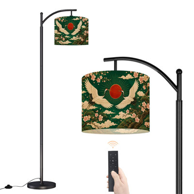 Lampadaire arqué élégant, motif paon, style Art nouveau vibrant, 160 cm de haut, lampe sur pied moderne, abat-jour tambour en lin, 3 températures de couleur, télécommande et interrupteur au pied, idéal pour le salon, la chambre ou un coin lecture.