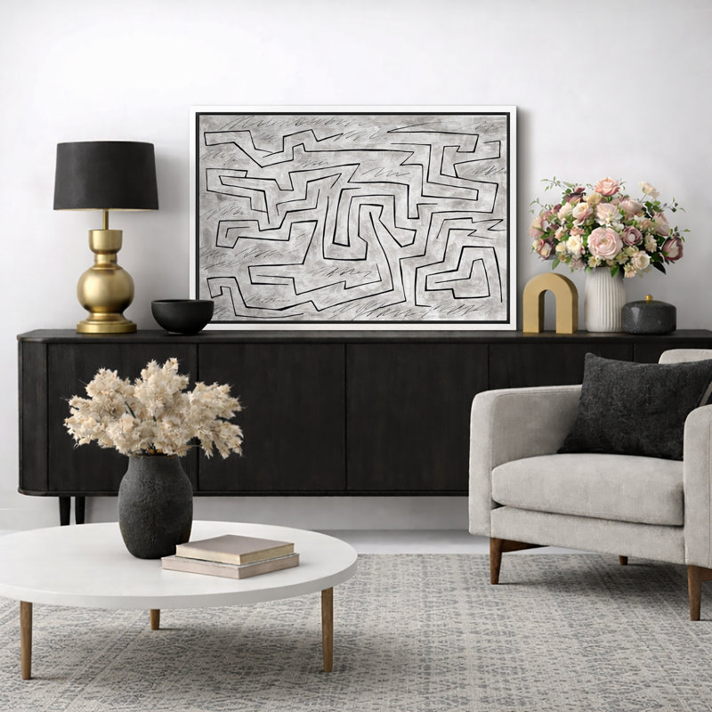 Œuvre abstraite ligne noire labyrinthe, images de salon moderne, impression sur toile giclée sur toile encadrée, Cadre blanc