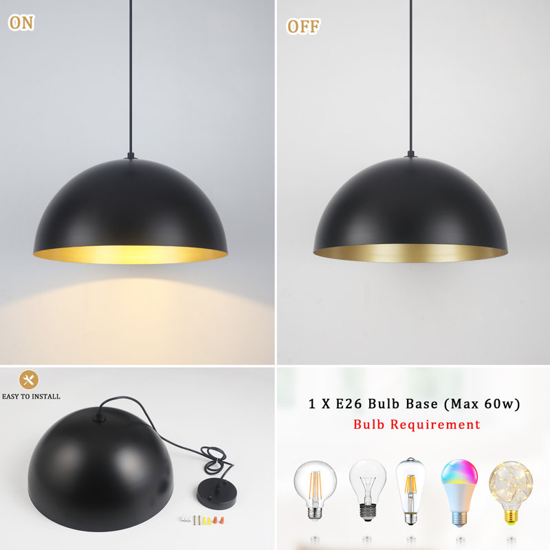 1 - Light Dimmable Single Dome Kitchen Island Pendant, Black/Gold, 8.85" H x 17.71" W x 17.71" D