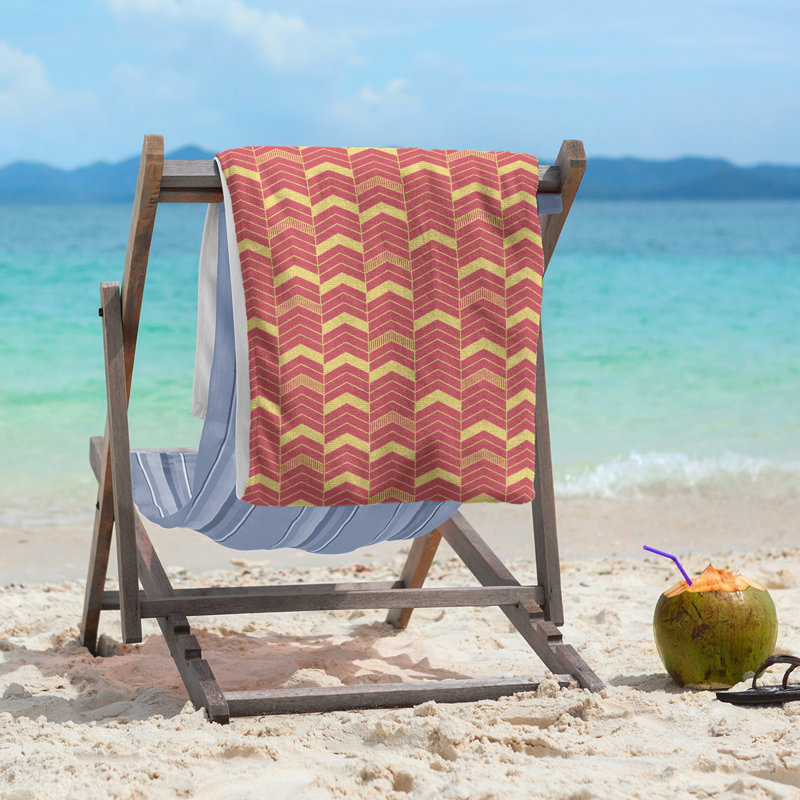Serviette de plage lineed chevrons Stephenie, Rouge / Jaune