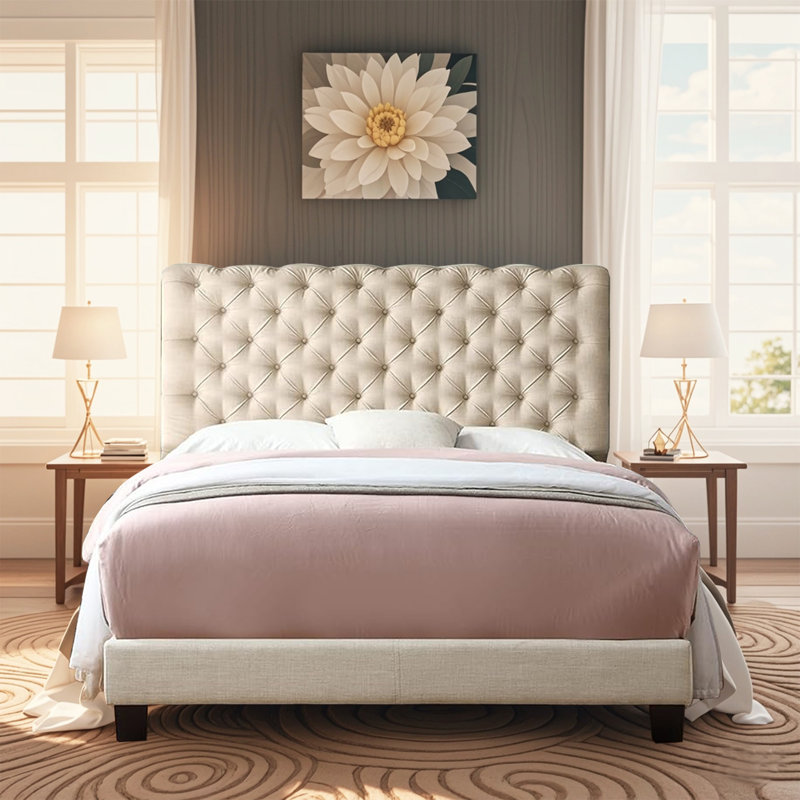 Structure de lit rembourrée en tissu de lin avec tête de lit réglable / style Chesterfield / support à lattes de bois, Grand