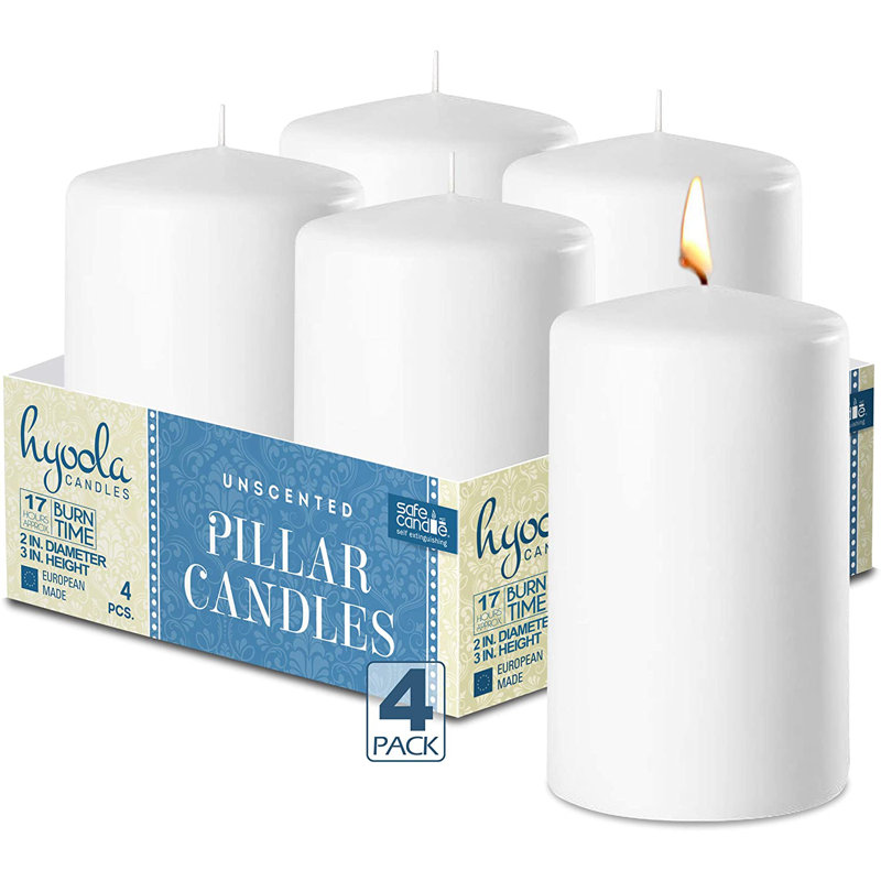 Unscented Pillar Candle, 3" H x 2" W x 2" D, White, 4