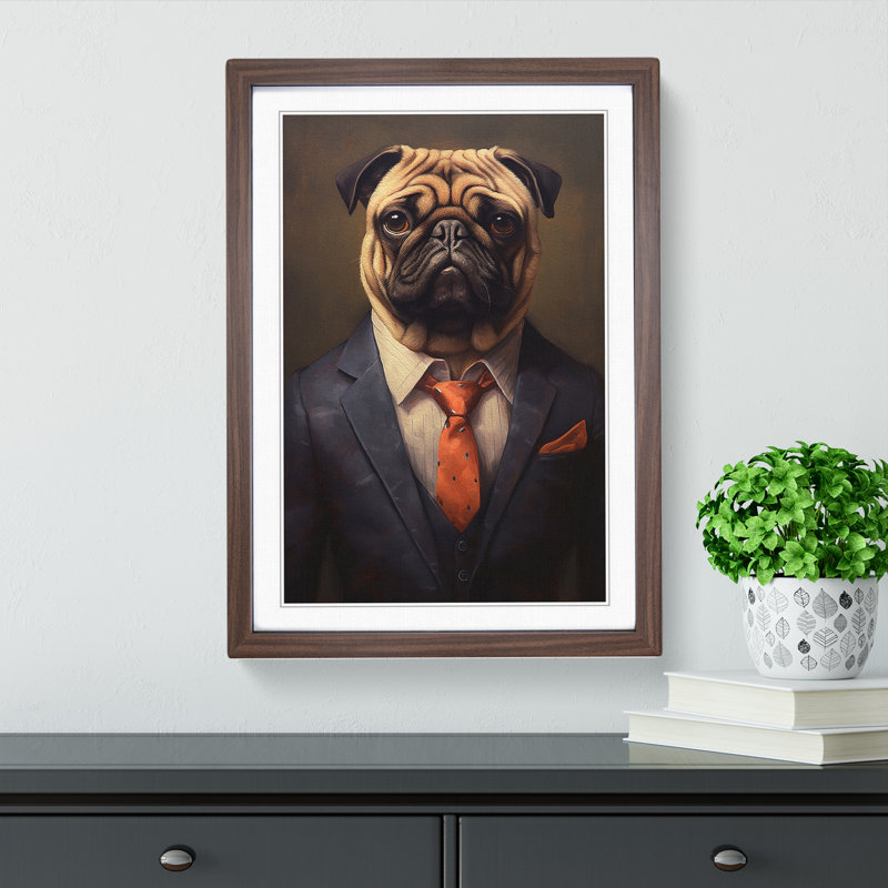 Pug In A Suit Painting No.5 - Single Picture Frame Print on Wood, Walnut Framed, 46cm H x 34cm W x 2cm D