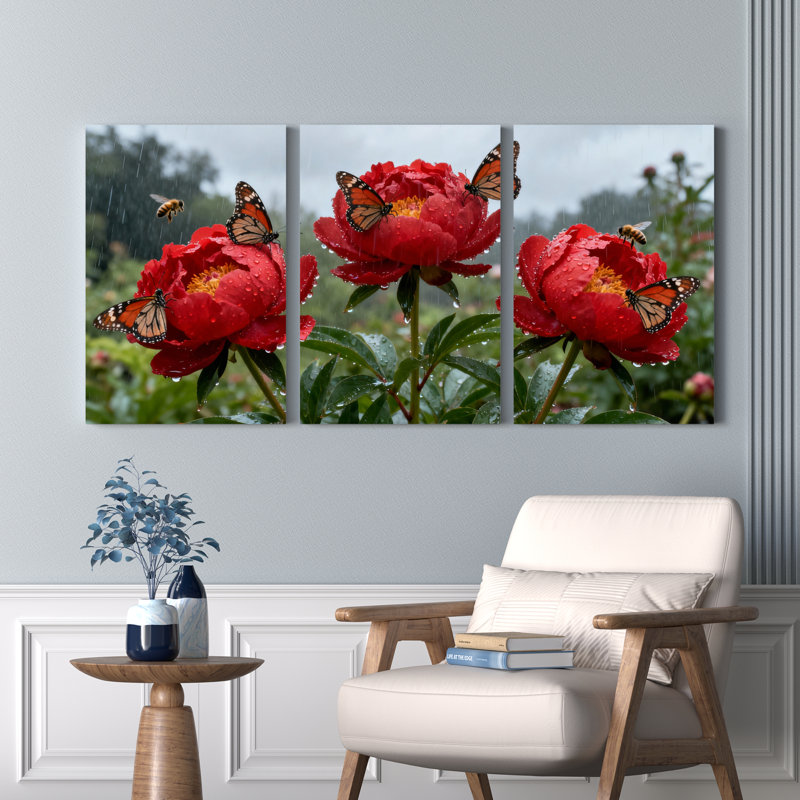 Ensemble de 3 tableaux sur toile tendue représentant des pivoines rouges avec des papillons et des gouttes de pluie