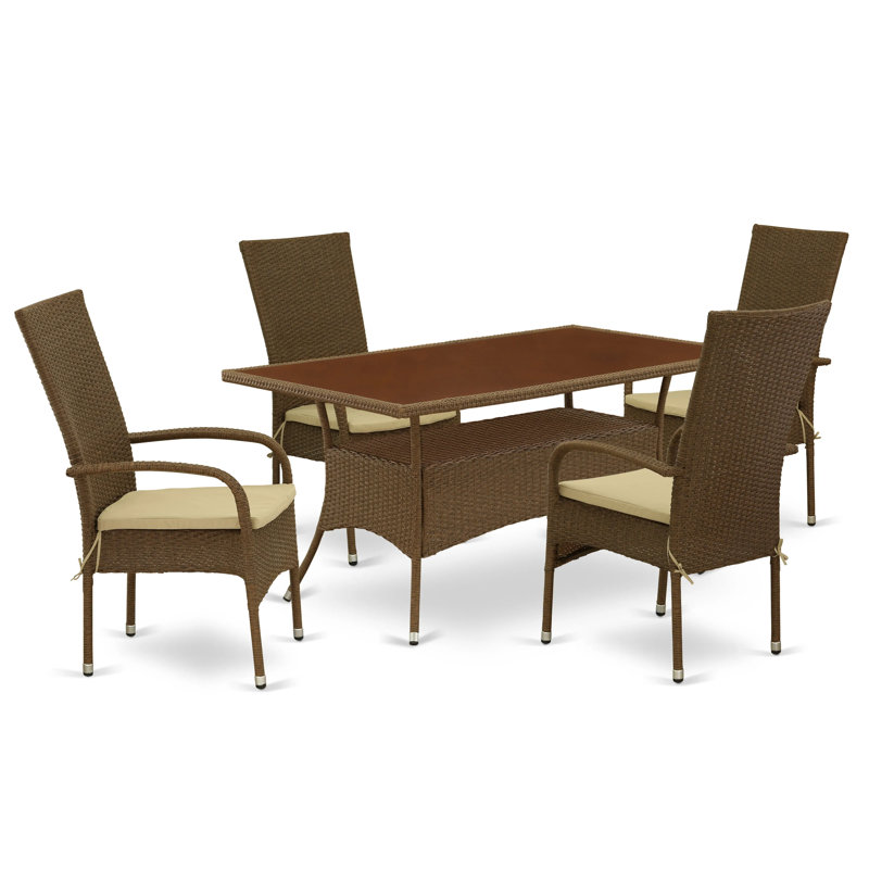 5 Piece Outdoor Patio Conversation Sets Includes a Rectangle Wicker Dining Table with Glass Top and 4 Balcony Backyard Armchair with Cushion, Brown