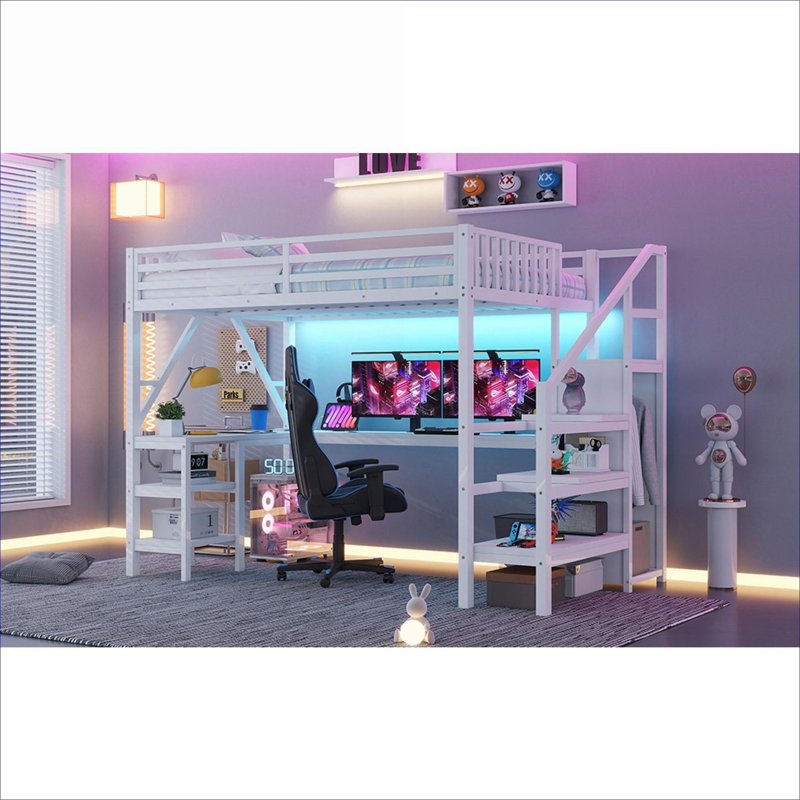 Lit mezzanine pleine grandeur peu encombrant, lit mezzanine en métal blanc doux avec bureau, armoire et DEL USB pour les petites chambres