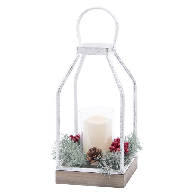 White Iron and Wood Lantern with Faux Holiday Greenery