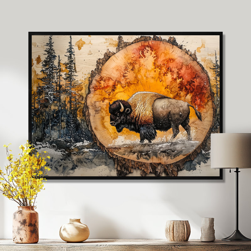 Bison américain dans une glissade en bois, paysage de forêt I - bison, art mural, H 12 po x l 20 po, Cadre flottant, Noir