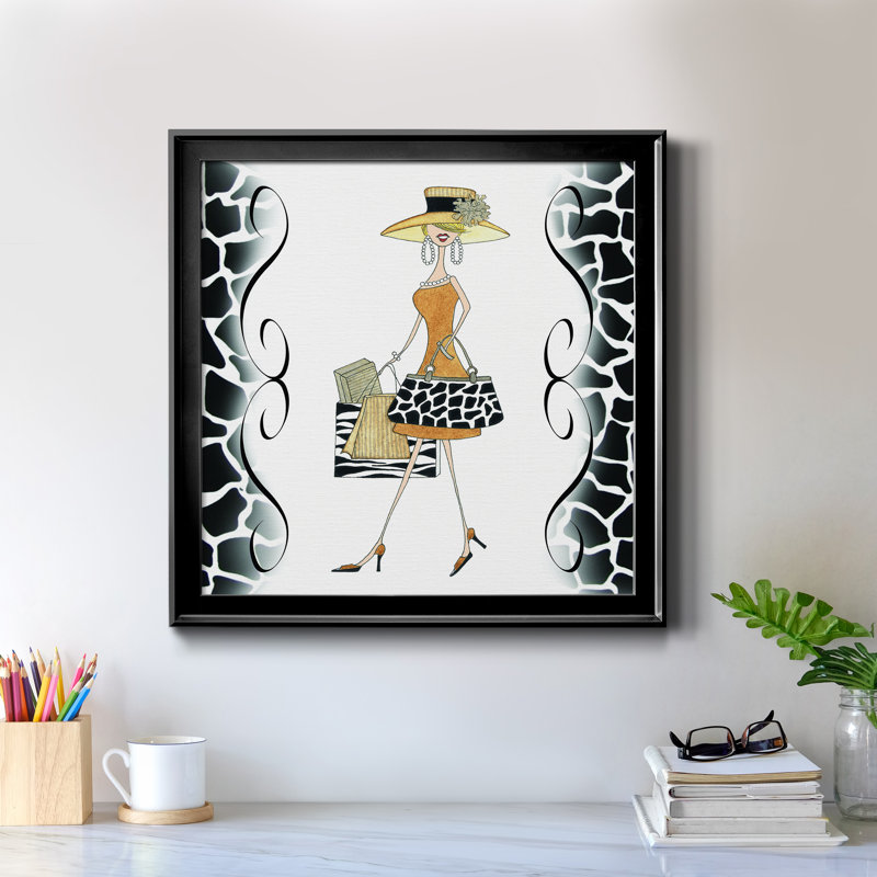 Swanky Shopper Gal - Peinture sur toile encadrée, H 17,5 po x l 17,5 po x P 1,5 po, Toile avec cadre noir