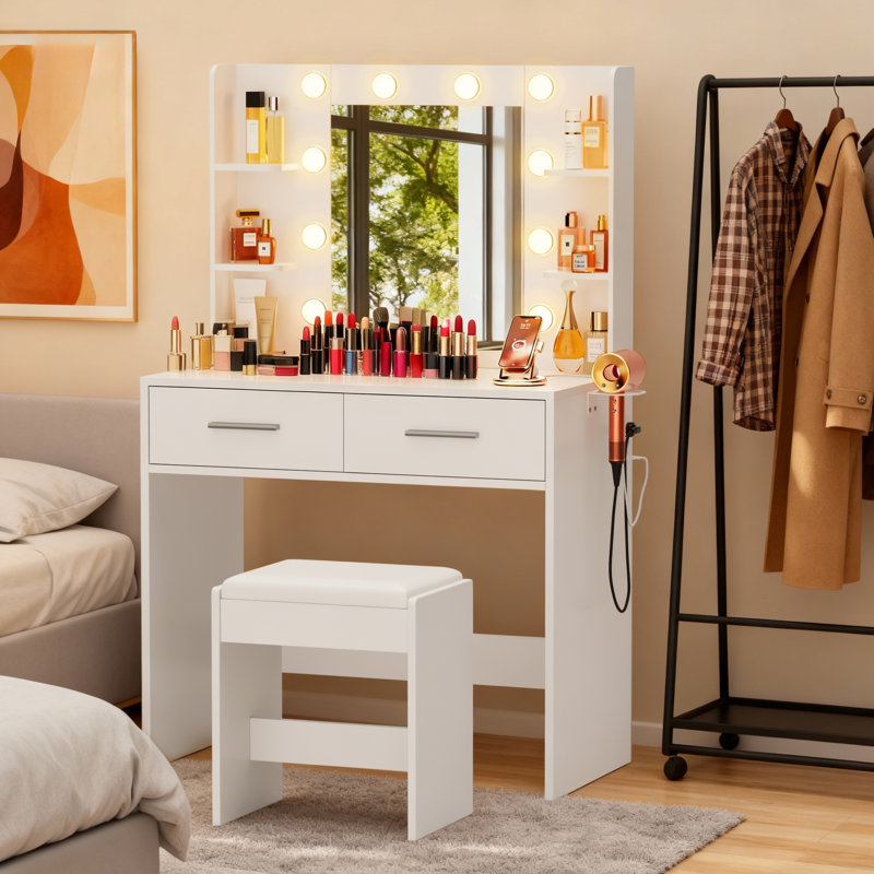 Ensemble de coiffeuse avec miroir lumineux et tabouret de coiffeuse, coiffeuse avec 2 tiroirs, bureau de coiffeuse pour chambre à coucher et vestiaire