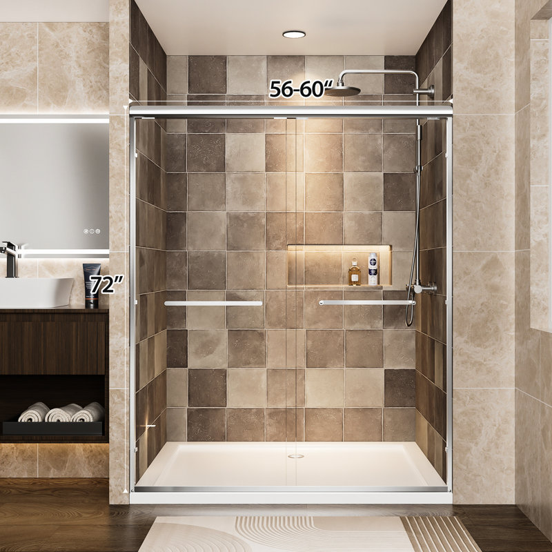 Aluminum Frame Double Sliding Shower Door, 60" Width, 72" Height, 1/4" (6mm) Tempered Glass With - Proof Film, Waterproof Design And Reversible, Bathroom Tall Door 6mm Clear Shatter Corrosion