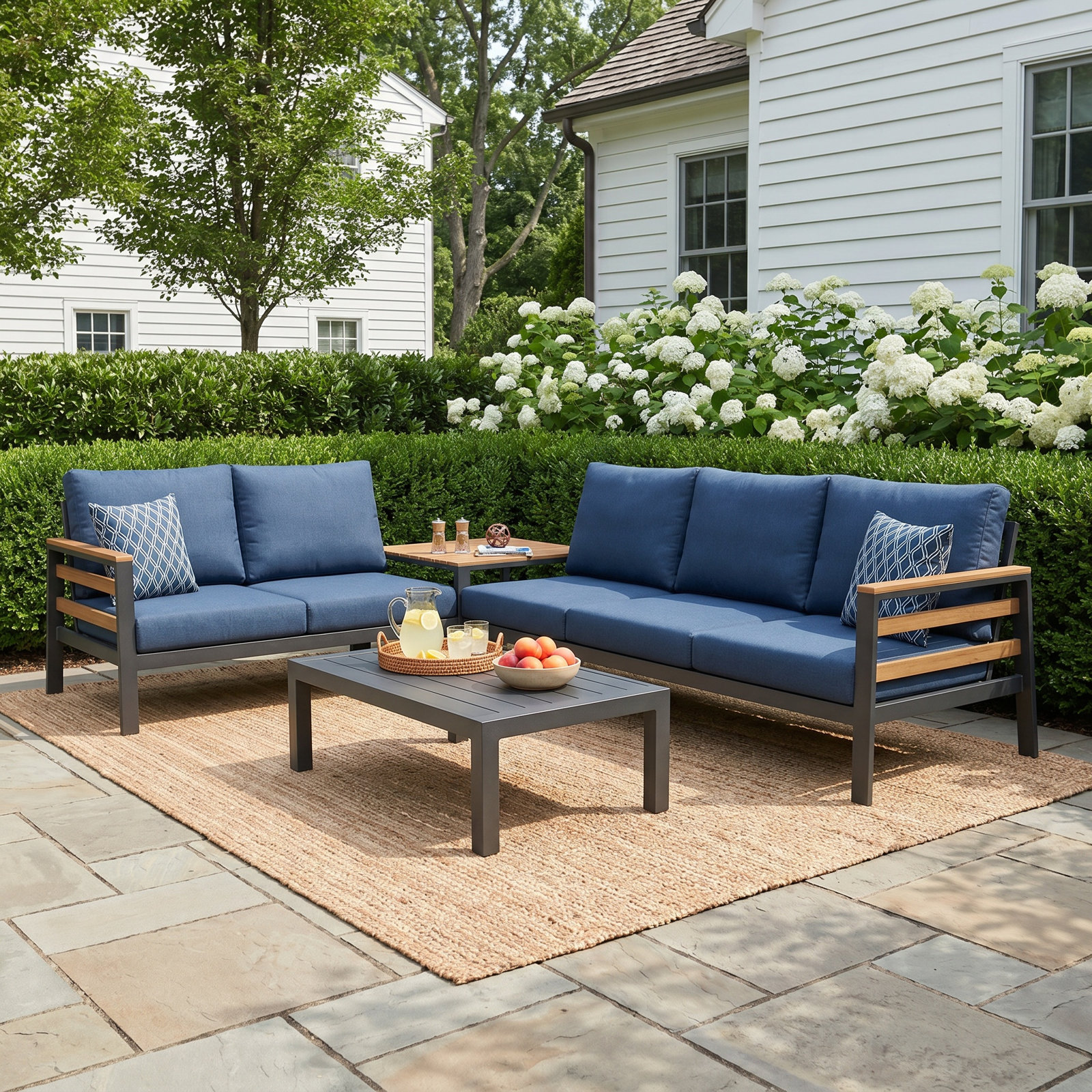 Townsend 5-Person Sunbrella® Patio Seating Group, Canvas Navy Sunbrella® Canvas, Brown