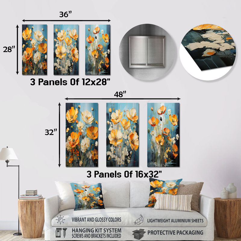 «Buttercups Burst With Fierce Brushwork» - Ensemble de 3 impressions sur métal Buttercups, H 32 po x l 48 po