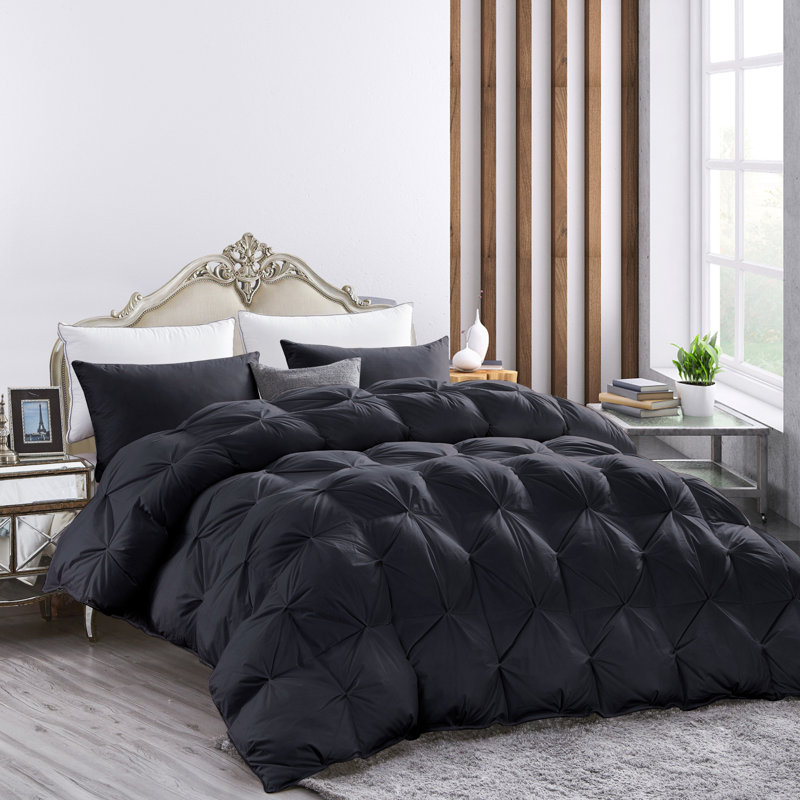 Luxurious All-Season Black Pinch Pleat Oversize Goose Down Comforter Duvet, 750+ Fill Power, 100% Down-Proof Cotton Cover