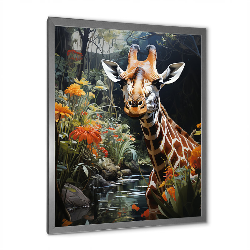 Girafe élégante girafe pastorale I - animaux, art mural salon, H 32 po x l 24 po x P 1 po, Cadre photo argenté