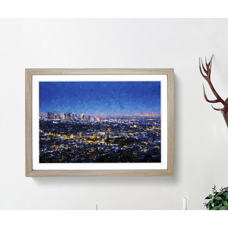 Los Angeles City Skyline at Night in Abstract - Picture Frame Graphic Art Print, Oak, 50cm H x 76cm W x 2cm D