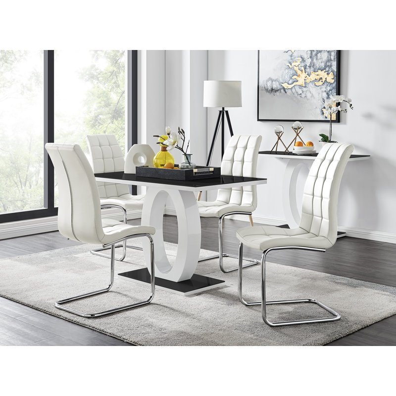 Scottsmoor Modern High Gloss Halo 4 Seater Dining Table Set with Luxury Faux Leather Dining Chairs, White