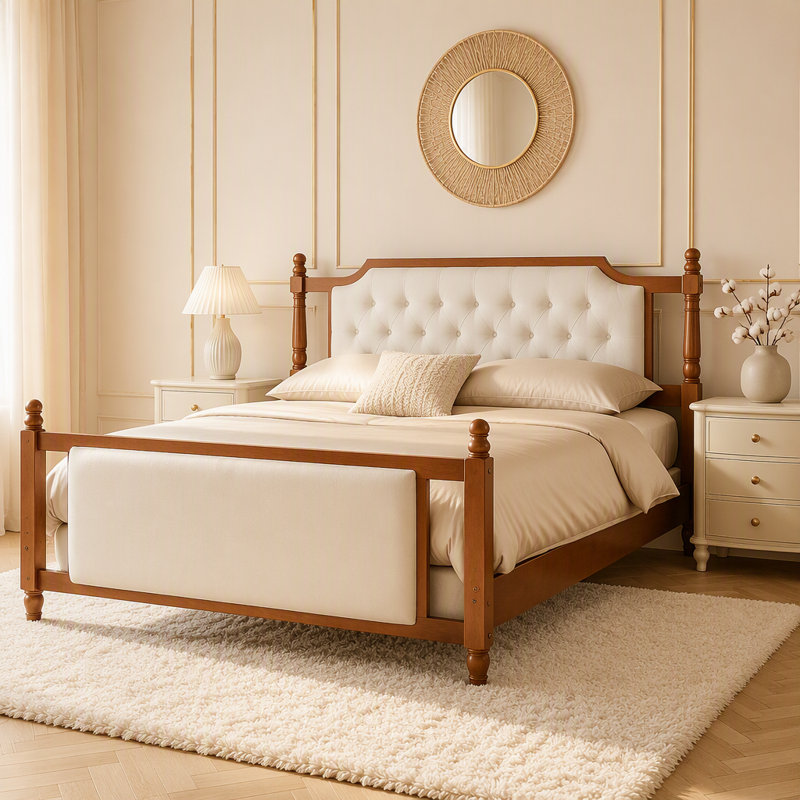 Lit plateforme tapissier avec tête de lit capitonnée à boutons, lit en bois avec tête de lit et pied de lit, Grand lit, Brun