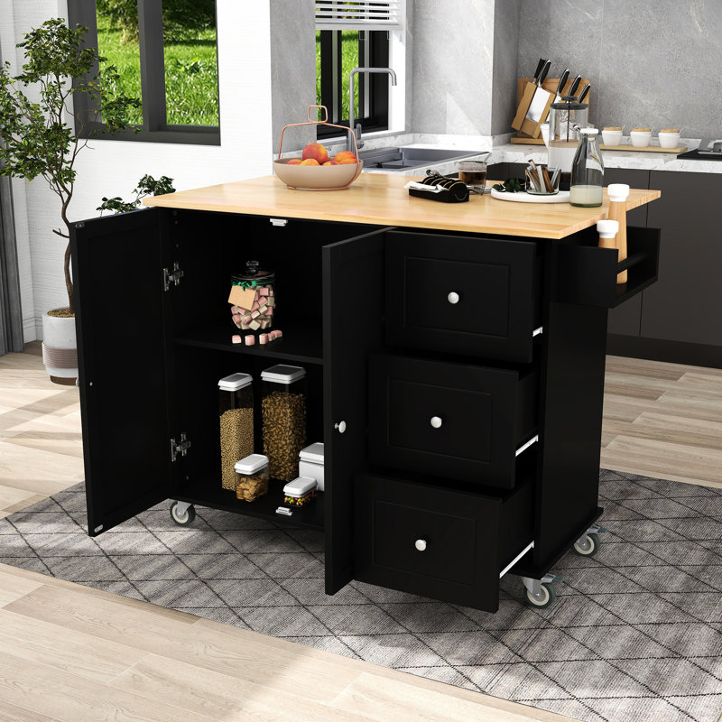 Îlot de cuisine à roulettes noir avec comptoir en bois massif, roulettes verrouillables, rangement et surface de repas mobile avec plateau repas, armoire et abattant (noir