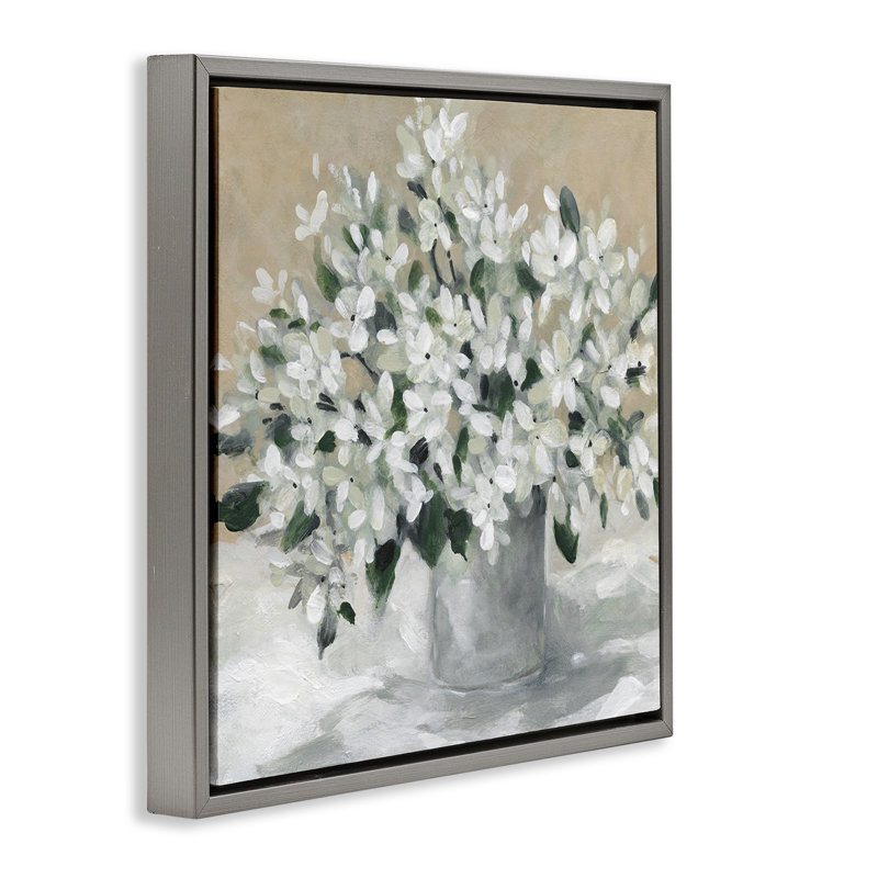 «Pots White Blooms» par Carol Robinson, Cadre flottant gris lustré, H 18 po x l 18 po