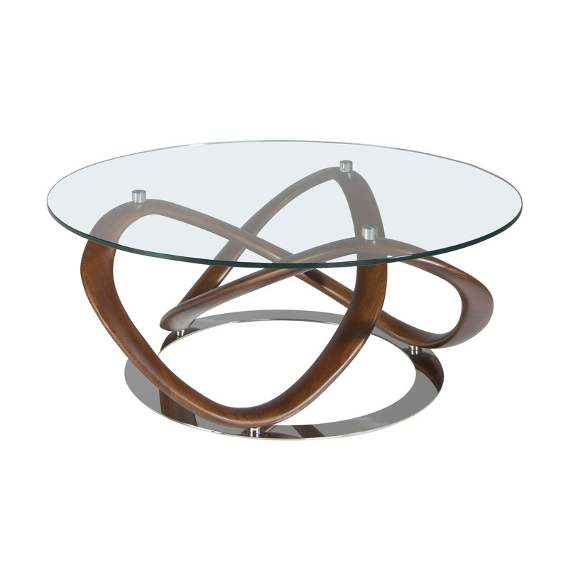Round coffee table tempered glass, walnut