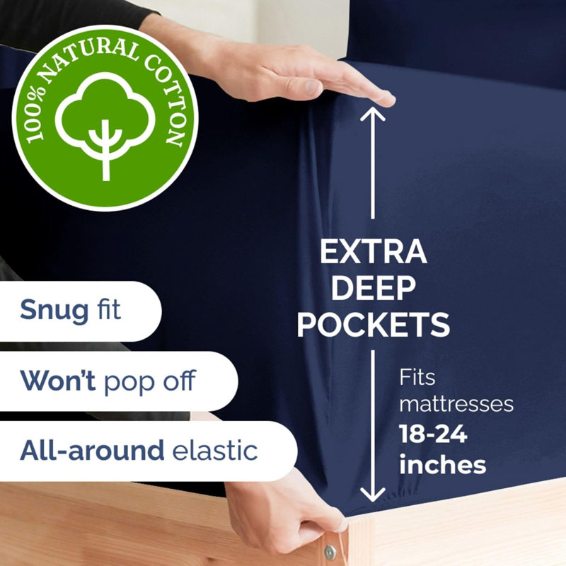 4 Piece 400 Thread Count Cotton Sheet Set – Extra Deep Pocket, Cooling, Breathable & Soft Bedding, Navy Blue