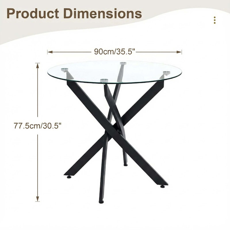 Round Dining Table, 35.5" Glass Dining Table With Legs, Modern Kitchen Table For Home Kitchen, Dining Room, Black