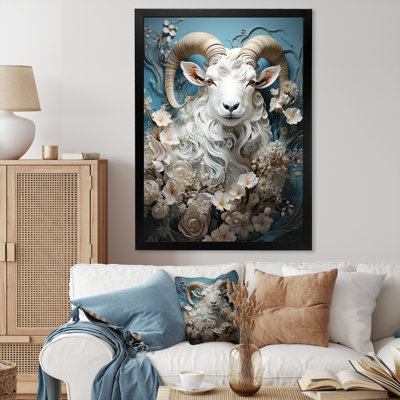Portrait floral blanc de chèvre blanc - art mural animal de chèvre