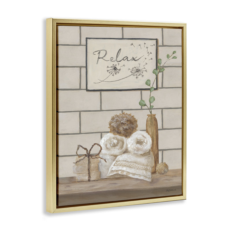 «Relax Bathroom Scene», art mural encadré gris sur toile flottante par Pam Britton, Cadre flottant métallique doré