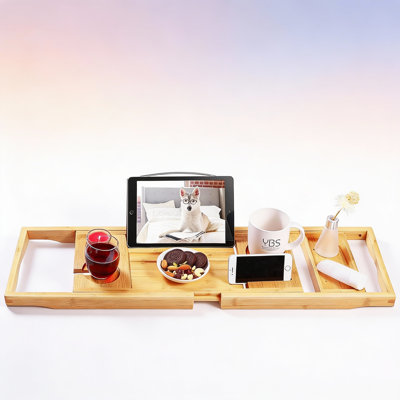 Plateau de rangement extensible en bambou pour baignoire avec fentes en verre à vin et porte-livre pour la détente au spa