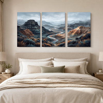 Winding River Through Layered Canyon Mountains And Set Of 3 Canvas Wall Art
