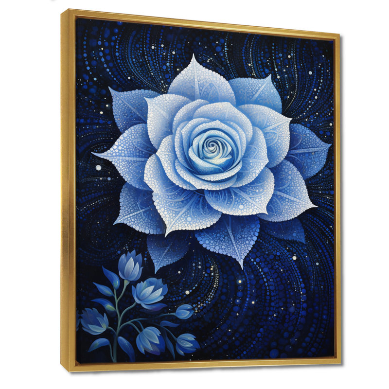 «Magical Blue Nocturnal Rose» - art mural rose, Toile avec cadre flottant or, H 40 po x l 30 po x P 1,5 po