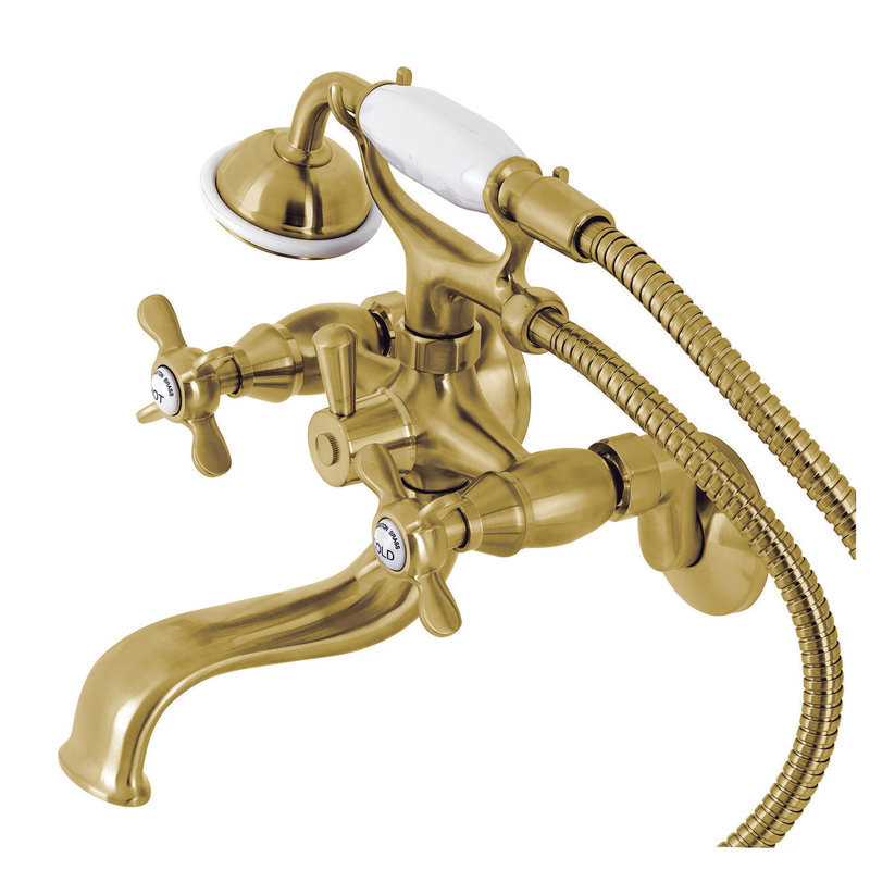 Kingston Brass Essex Three-Handle 2-Hole Tub Wall Mount Clawfoot Tub Faucet with Handshower, Brushed Brass