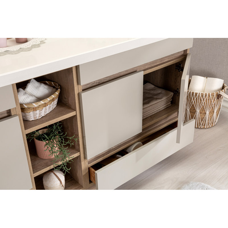 Ensemble de meuble-lavabo double 71 po avec miroir Kunta, Chêne / blanc